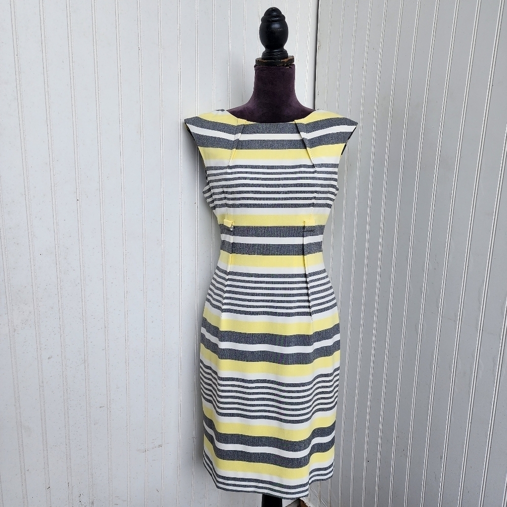 Calvin Klein Womens Sz 8 Yellow Gray Striped Cap Sleeve Pencil Office Dress